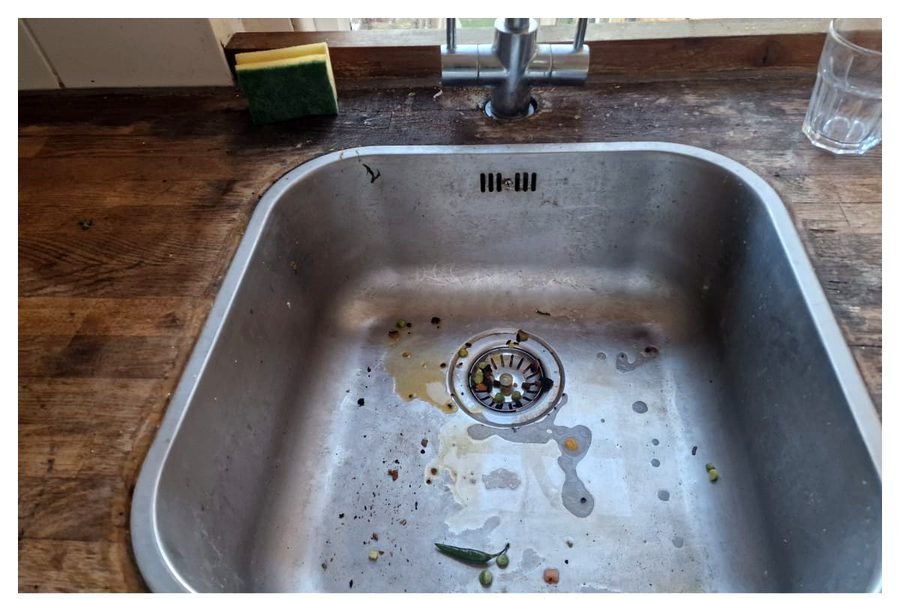 Steel sink & wood worktop before deep cleaning